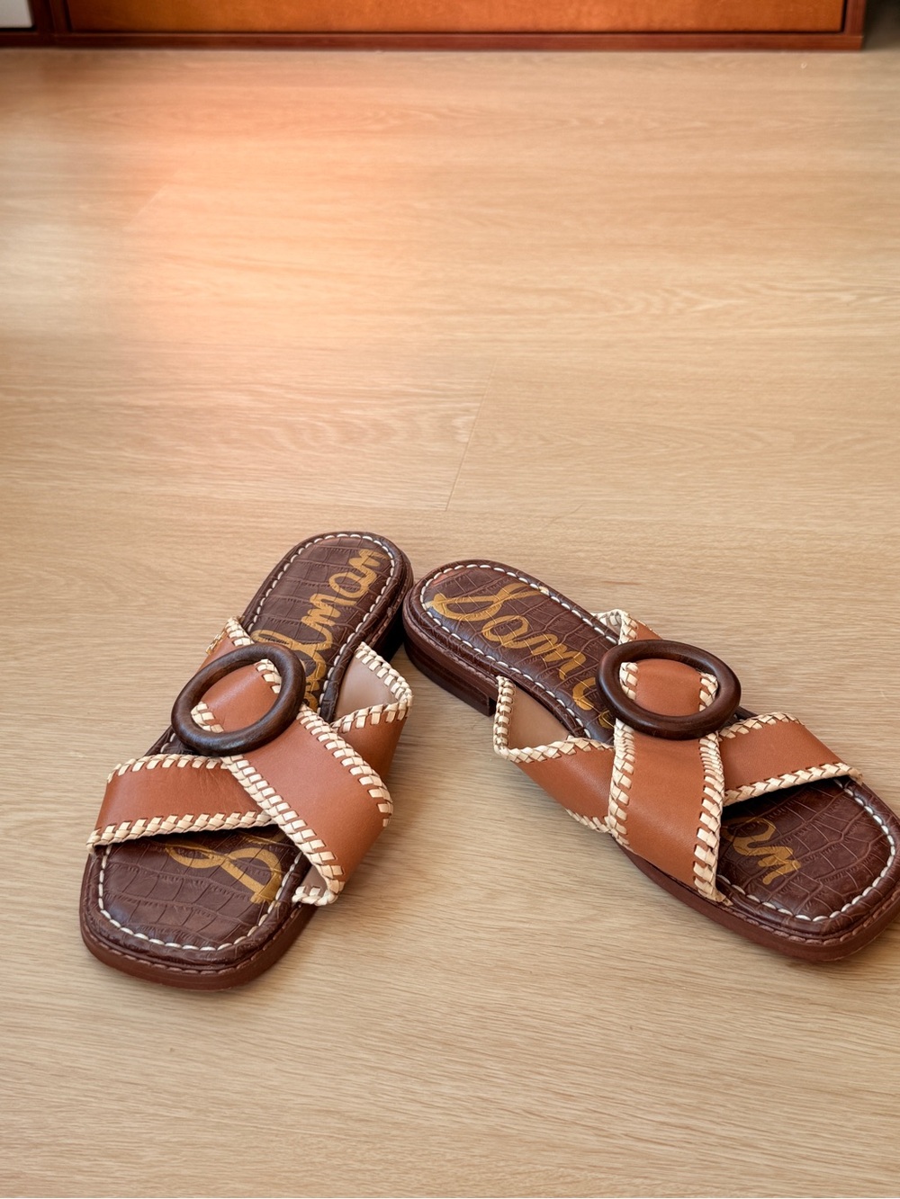 Sam Edelman Tan and Brown Leather Slide Sandals with Ring Accent